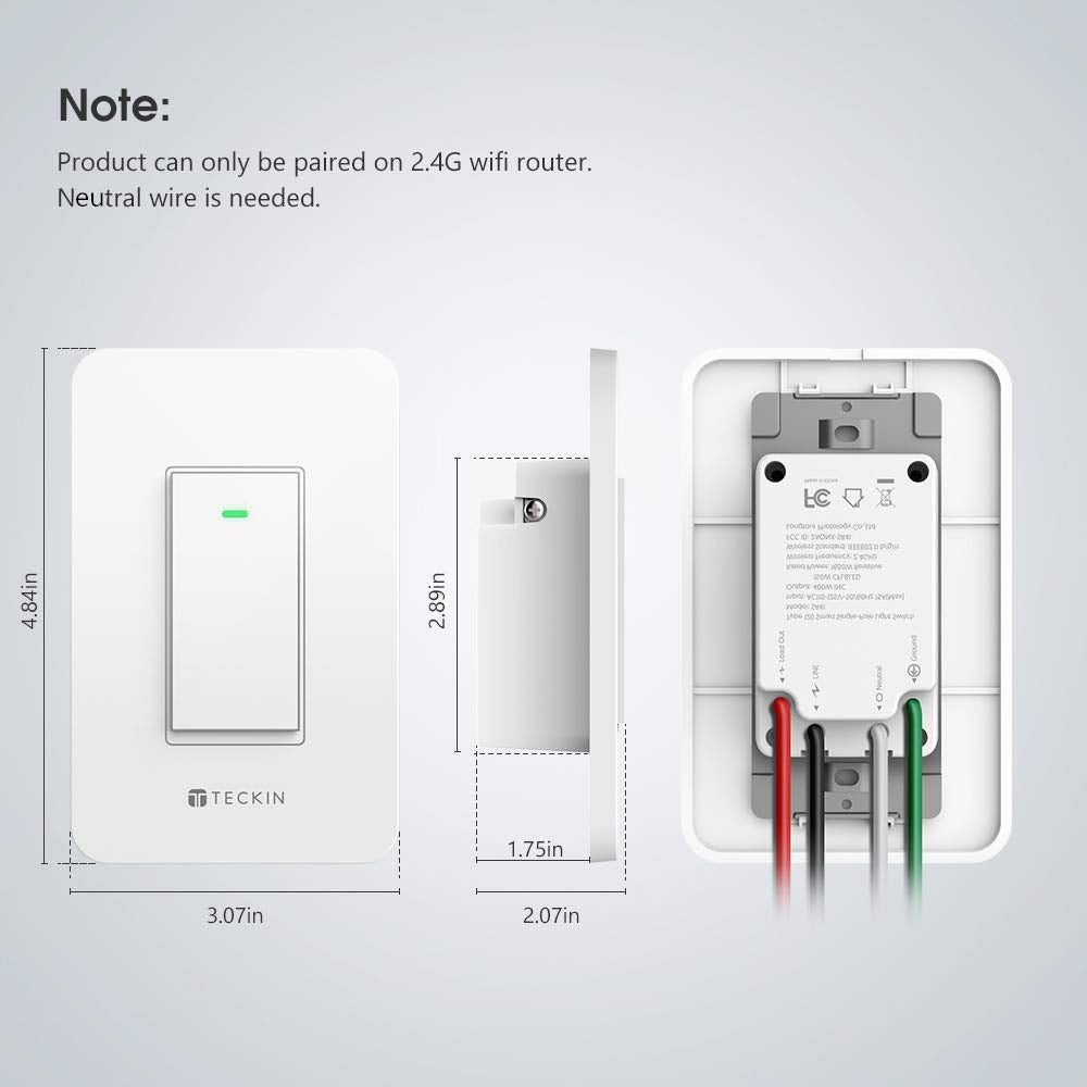 Smart Light Switch Teckin Single Pole 15A Wi Fi in Wall Switch